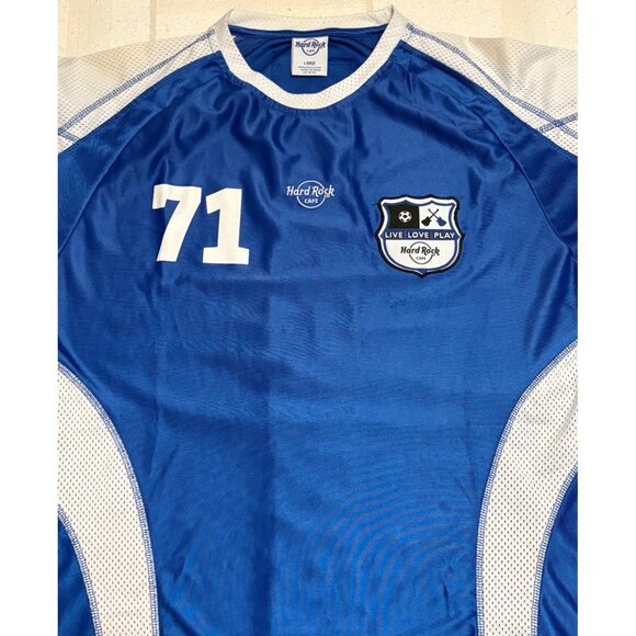Hard Rock Cafe Blue Soccer Jersey Top Global Flag Design Large Live Love Play - Picture 10 of 10